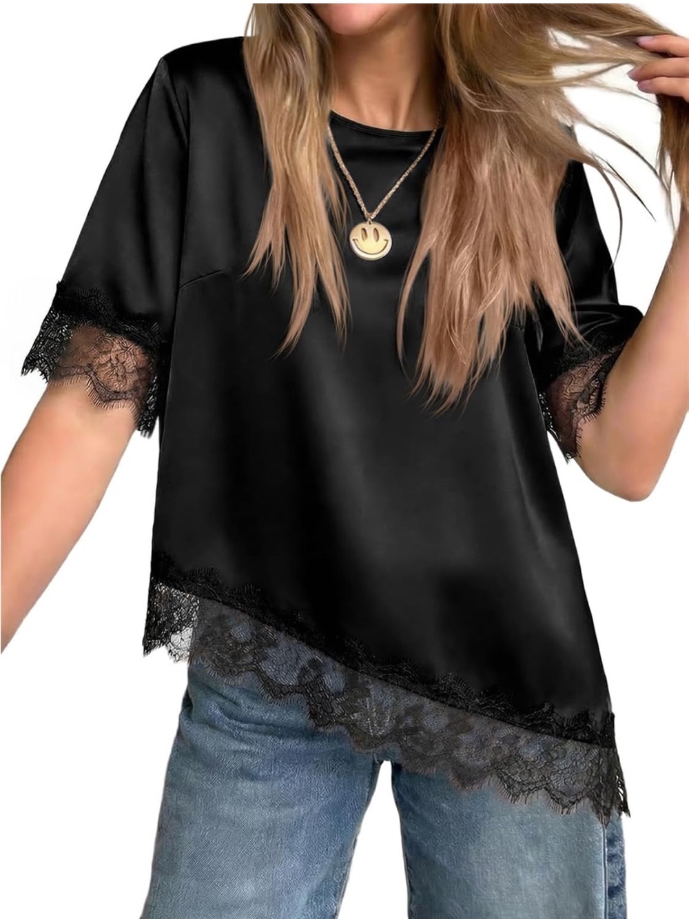 Satin Lace Trim Tee. Black. NWT. Size Medium.